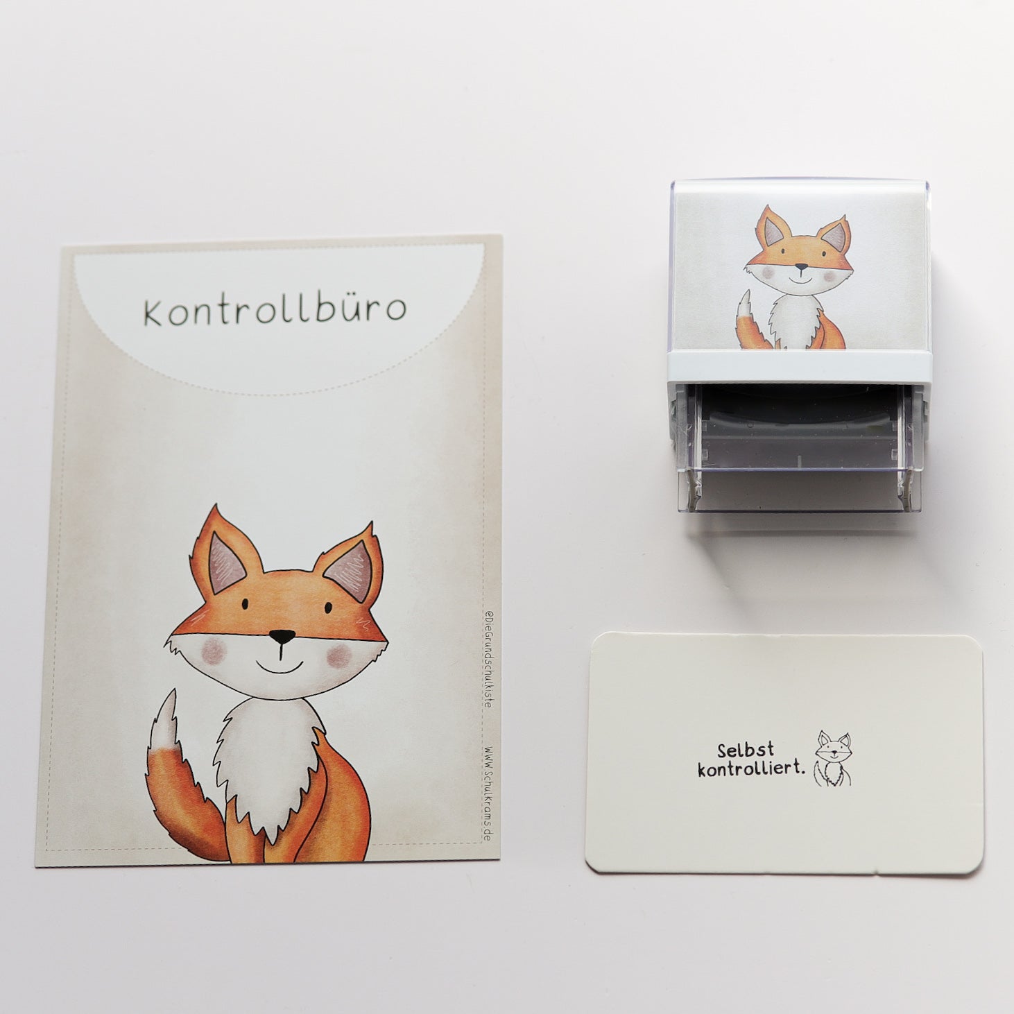Stempel Fuchs "Selbst kontrolliert" mit Cover - Schulstempel 37x13mm + GRATIS Aufsteller-Karte