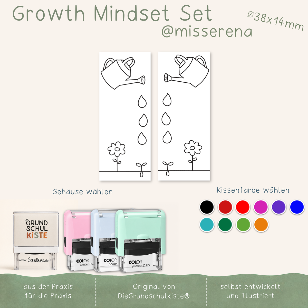 Schulstempel Growth Mindset - Gießkanne mit Pflanzen (Modell Printer 20 - 38x14mm) DieGrundschulkiste X misserena