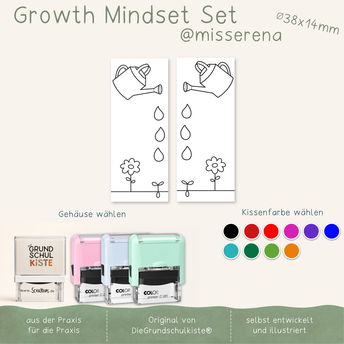 Schulstempel Growth Mindset - Gießkanne mit Pflanzen (Modell Printer 20 - 38x14mm) DieGrundschulkiste X misserena