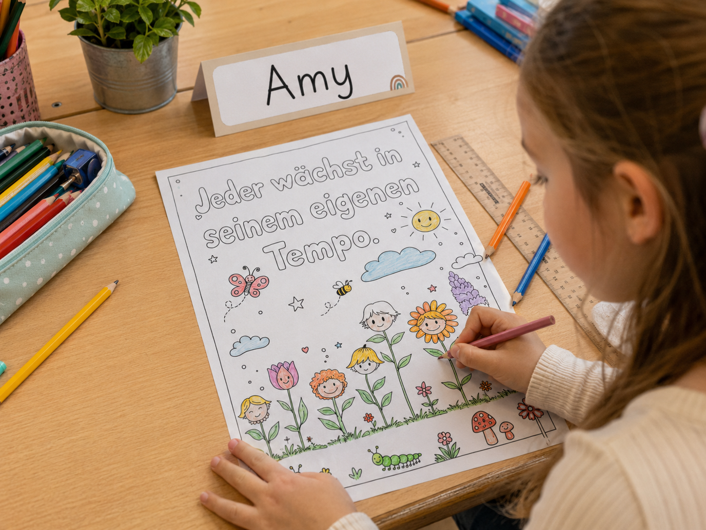 Ausmalbild Growth Mindset -  "Jeder wächst in seinem eigenen Tempo." DOWNLOAD