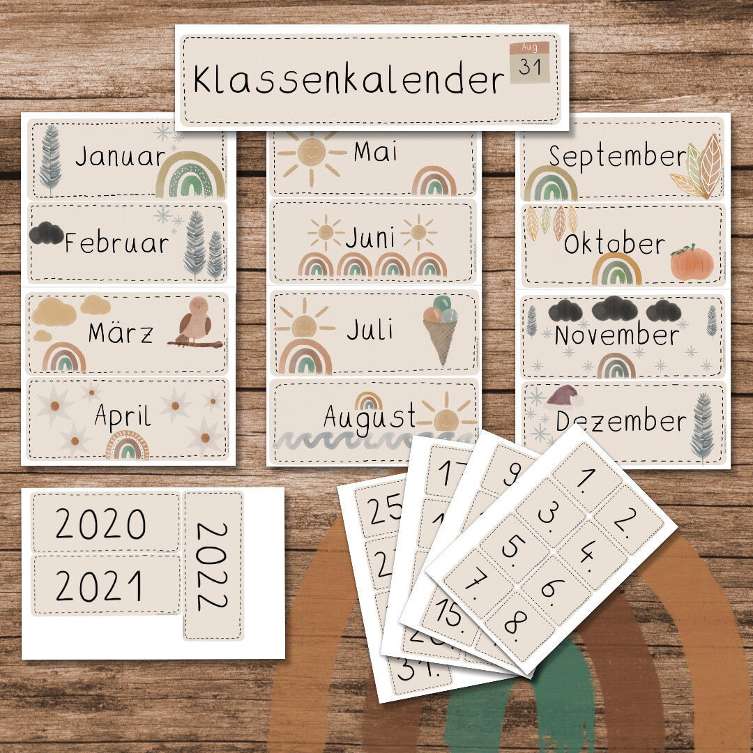 Klassenkalender - Boho Regenbogen in beige und blau