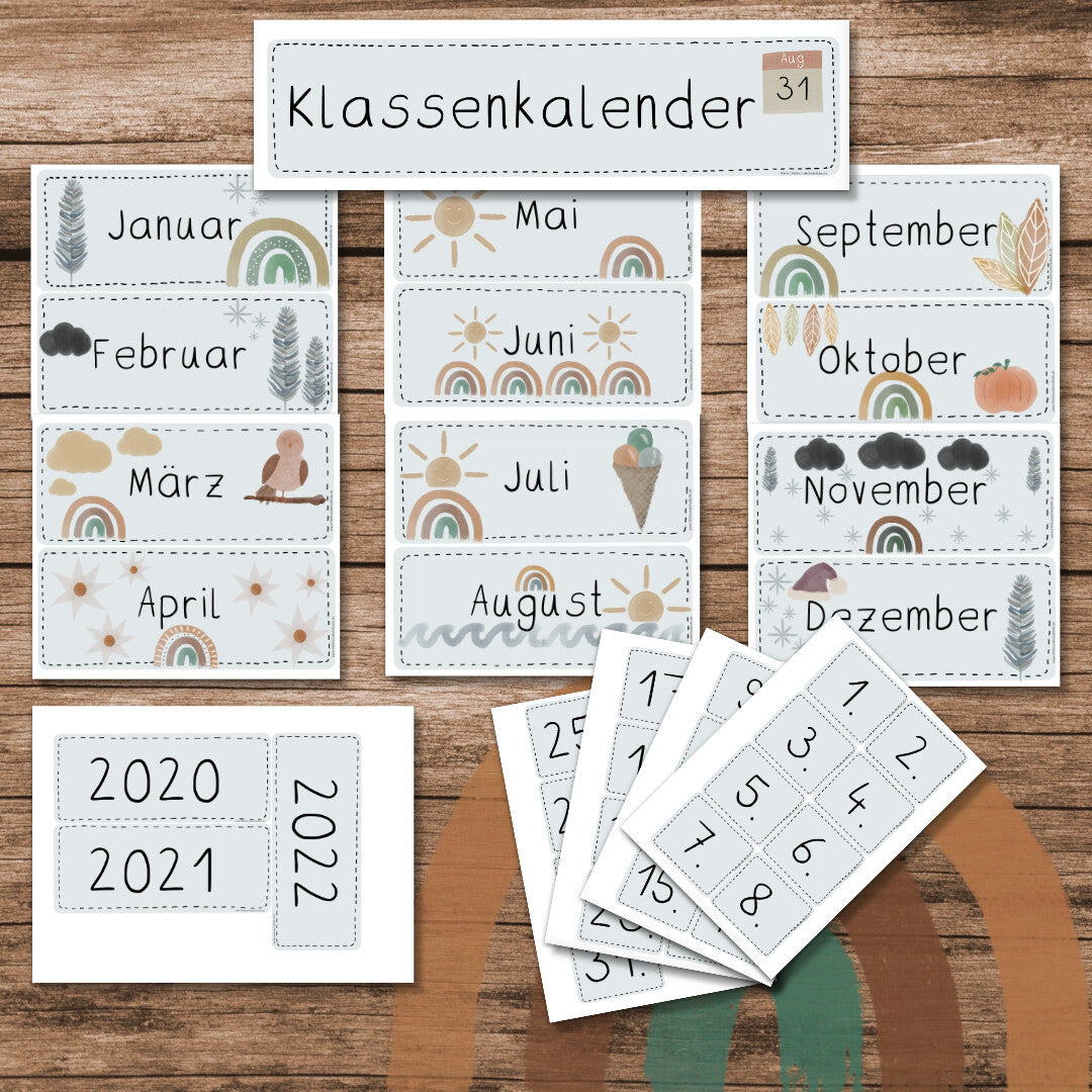 Klassenkalender - Boho Regenbogen in beige und blau